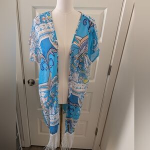 Fringe Kimono Blue and White Design One Size